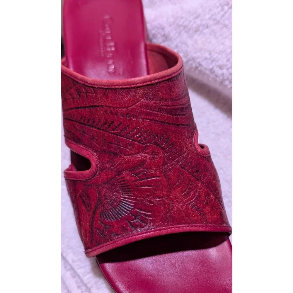 Cole Haan Country Red Tooling Leather Studded Platform Clogs Mules Sandals 8 AA